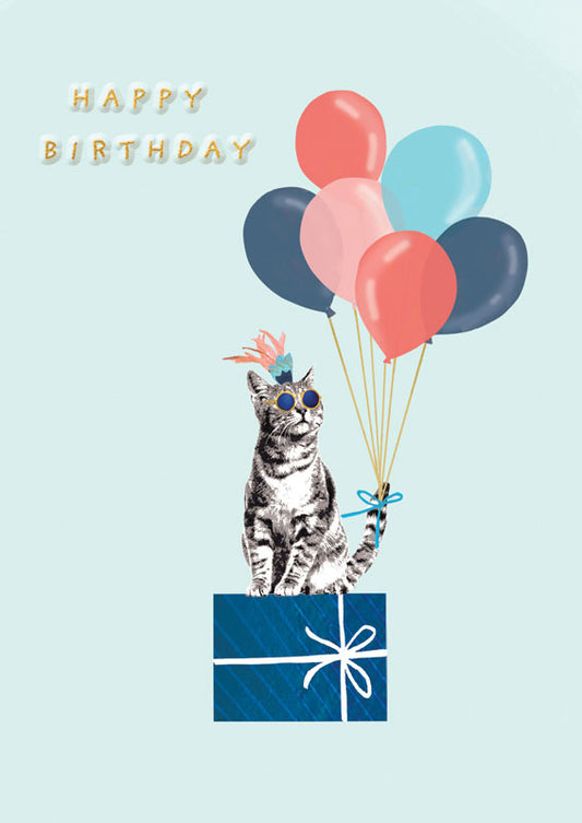 Happy Birthday Cat with Balloons Greeting Card